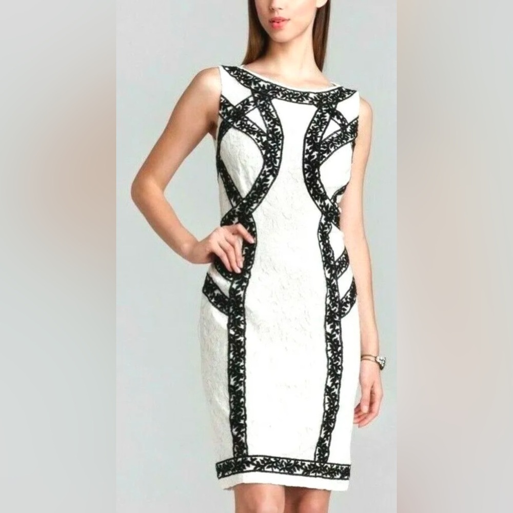 Tadashi Shoji Banded Contrast Color Block Black Ivory Lace  Dress